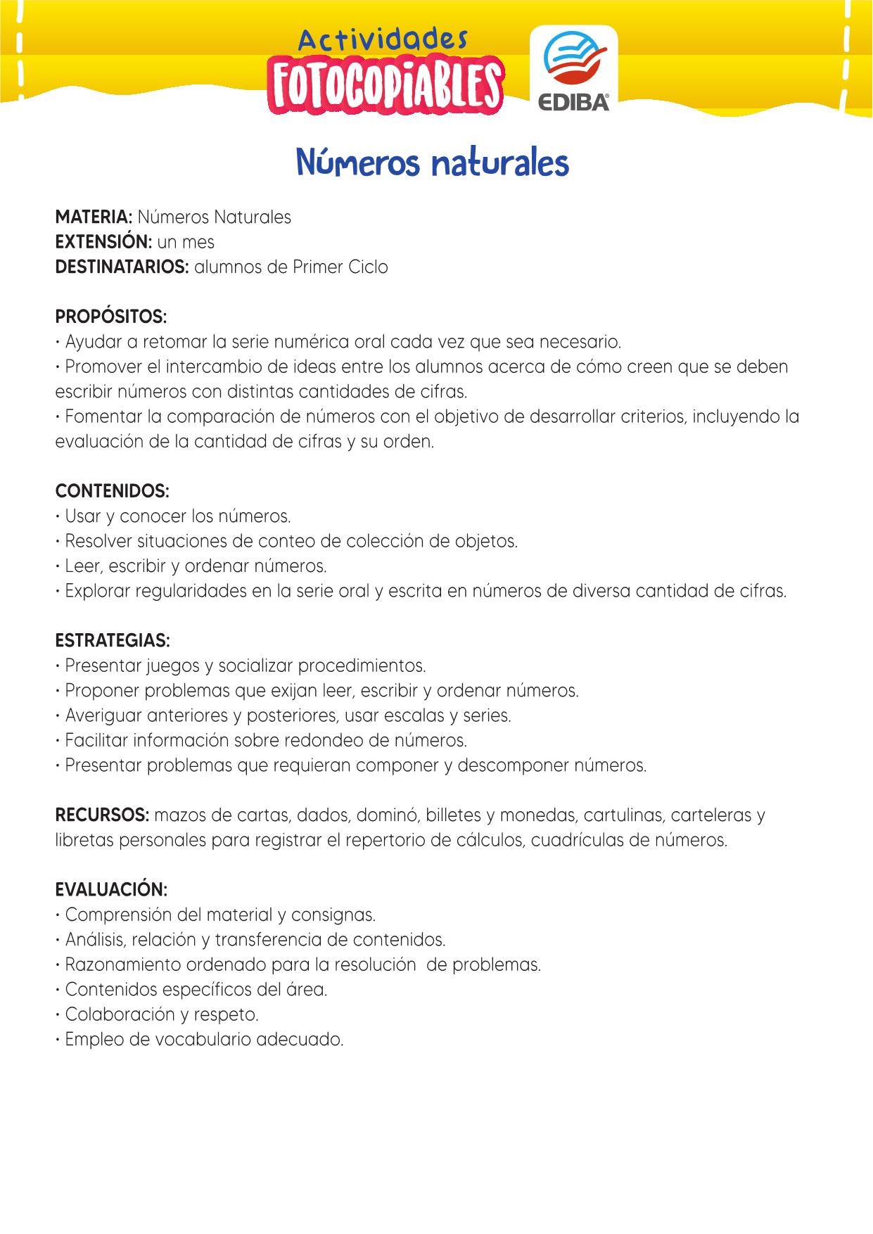 Actividades Fotocopiables: Números Naturales